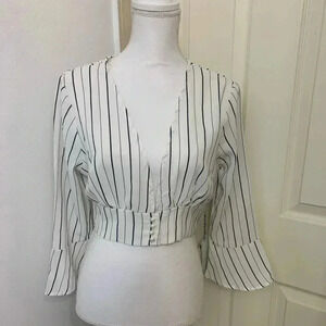 Iris Los Angeles Women's White Black Stripe Plunge Deep V Neck Cropped Top L NWT